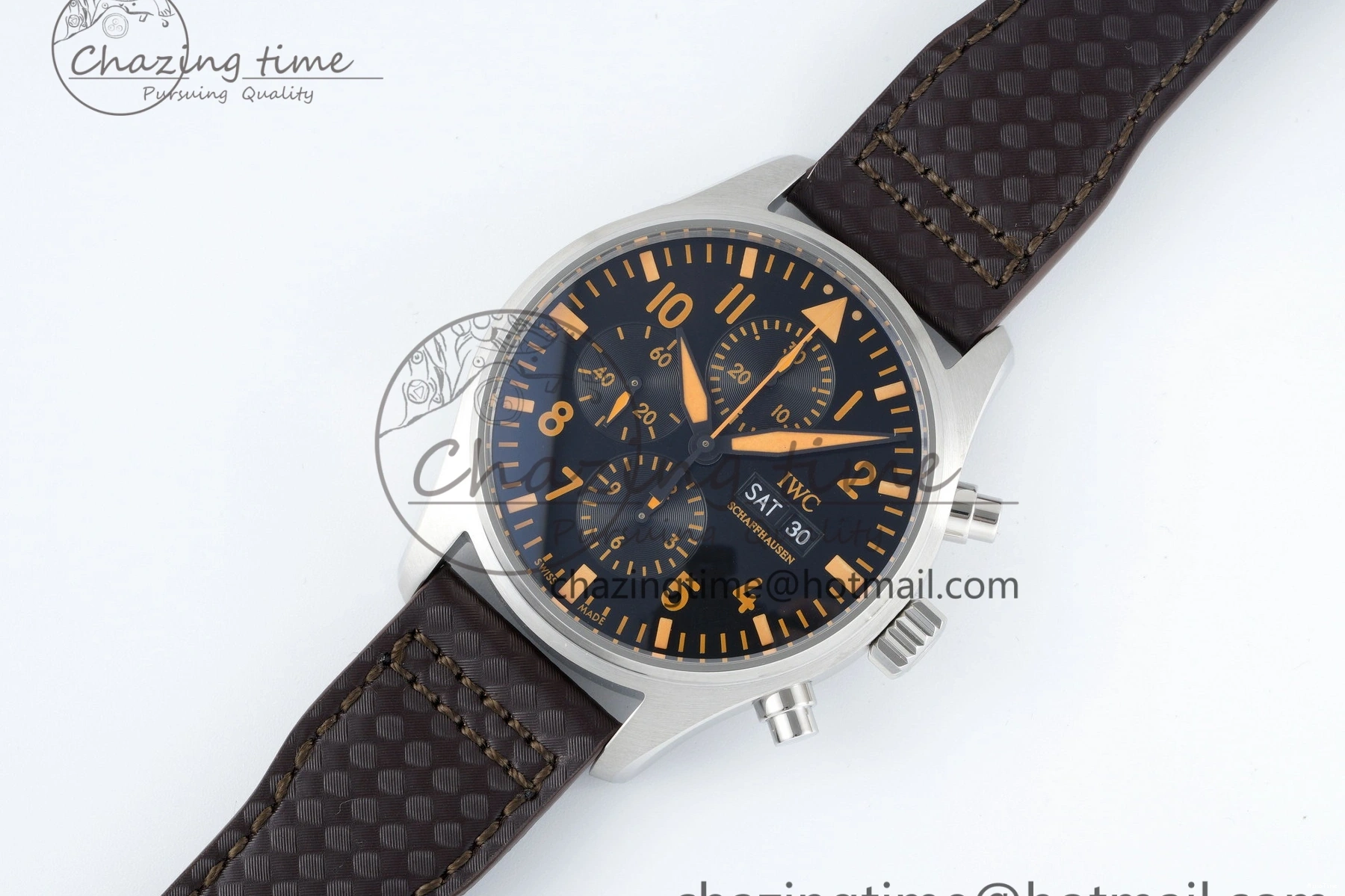 MIROTIME 0118 Pilot Chrono SS AZF 1:1 Best Edition Black Dial Orange Markers on Brown Leather Strap A EasyCare 7065